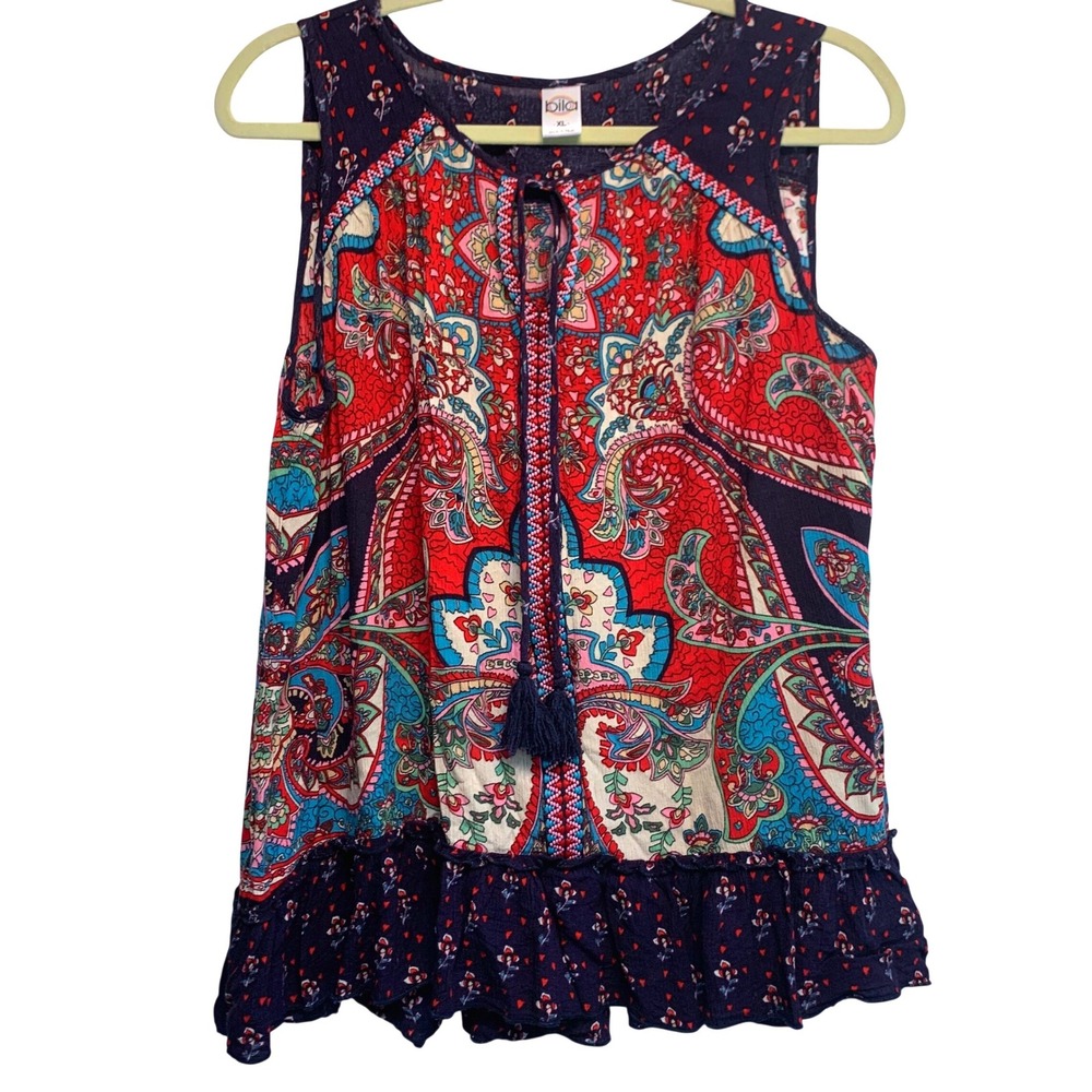 Bila Sleeveless Boho Floral Paisley Top XL Red Navy Blue Ruffle Hem Peasant